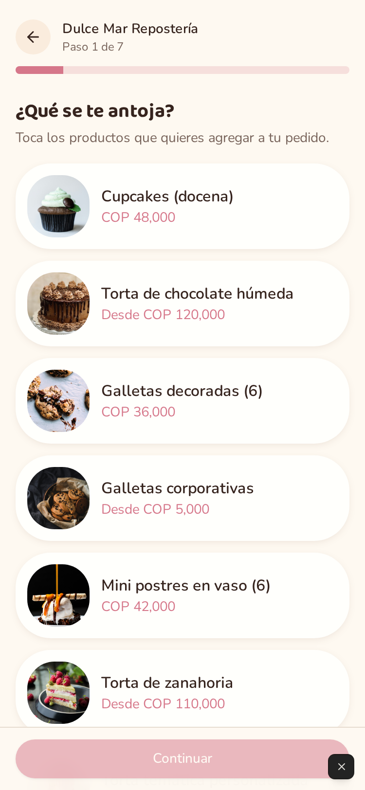 Paso de productos del pedido