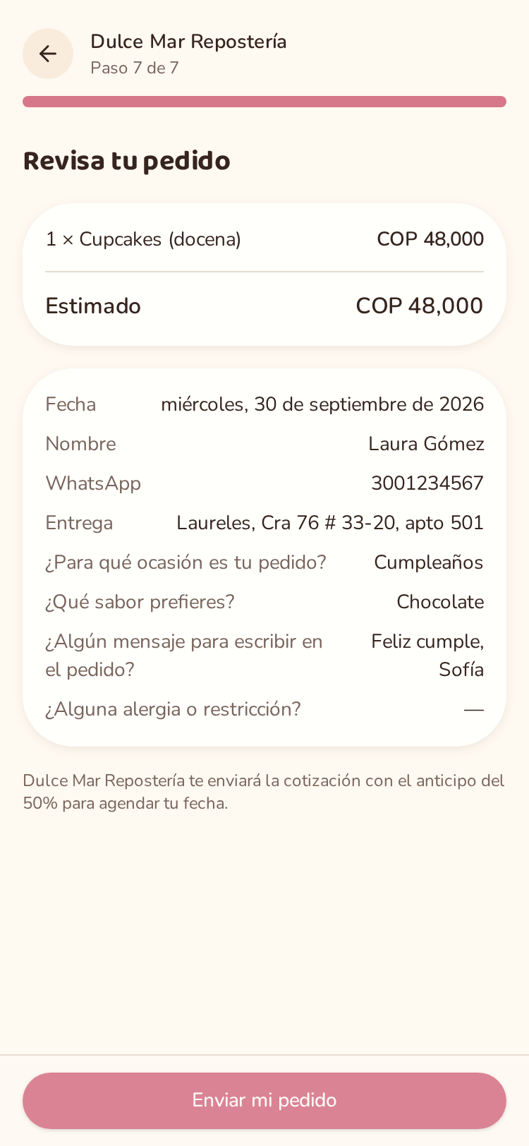 Resumen del pedido que envía la clienta