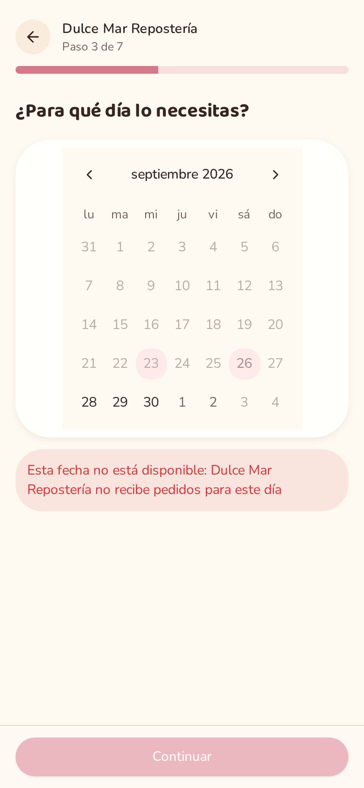 Calendario con un día bloqueado